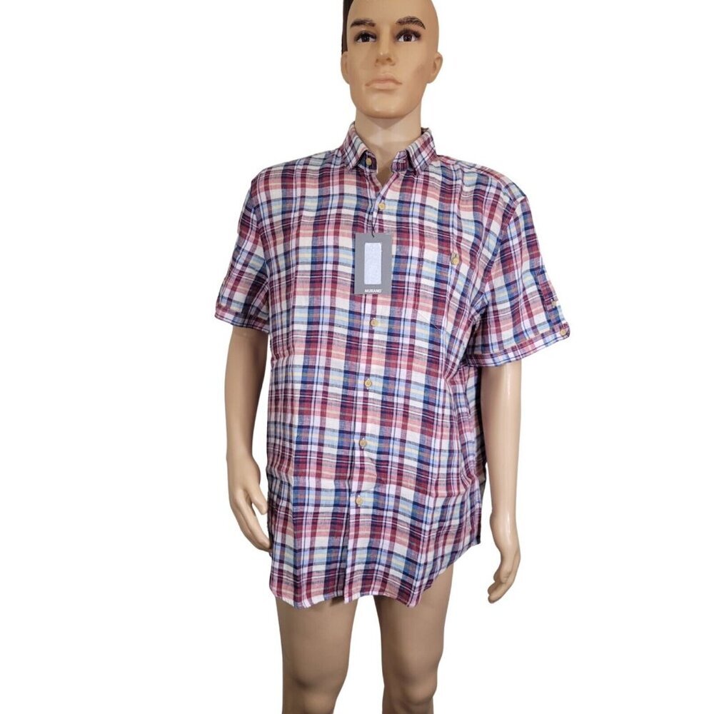 Murano Men's Shirt Size XL Red Plaid Short Sleeve Button Up  Linen  New 35